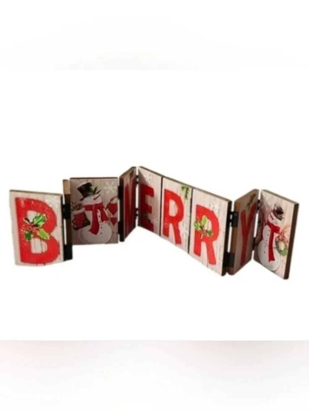 Pier 1 Rustic Holiday Be Merry Snowman Accordian Sign Decor